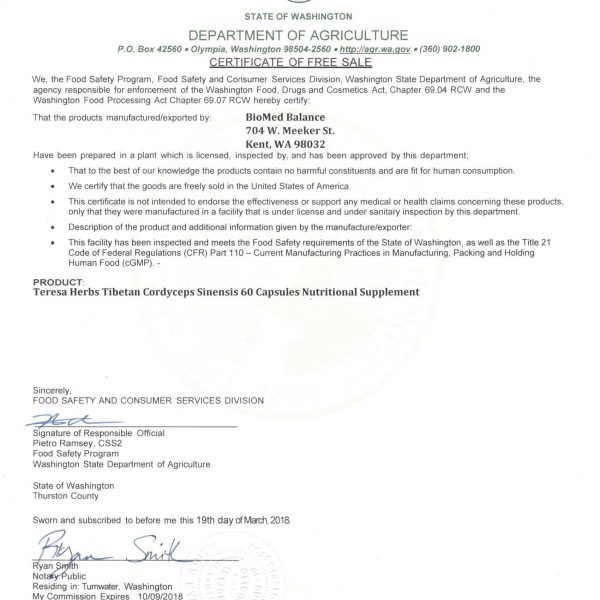 Washington license for TIbetan cordyceps sinensis